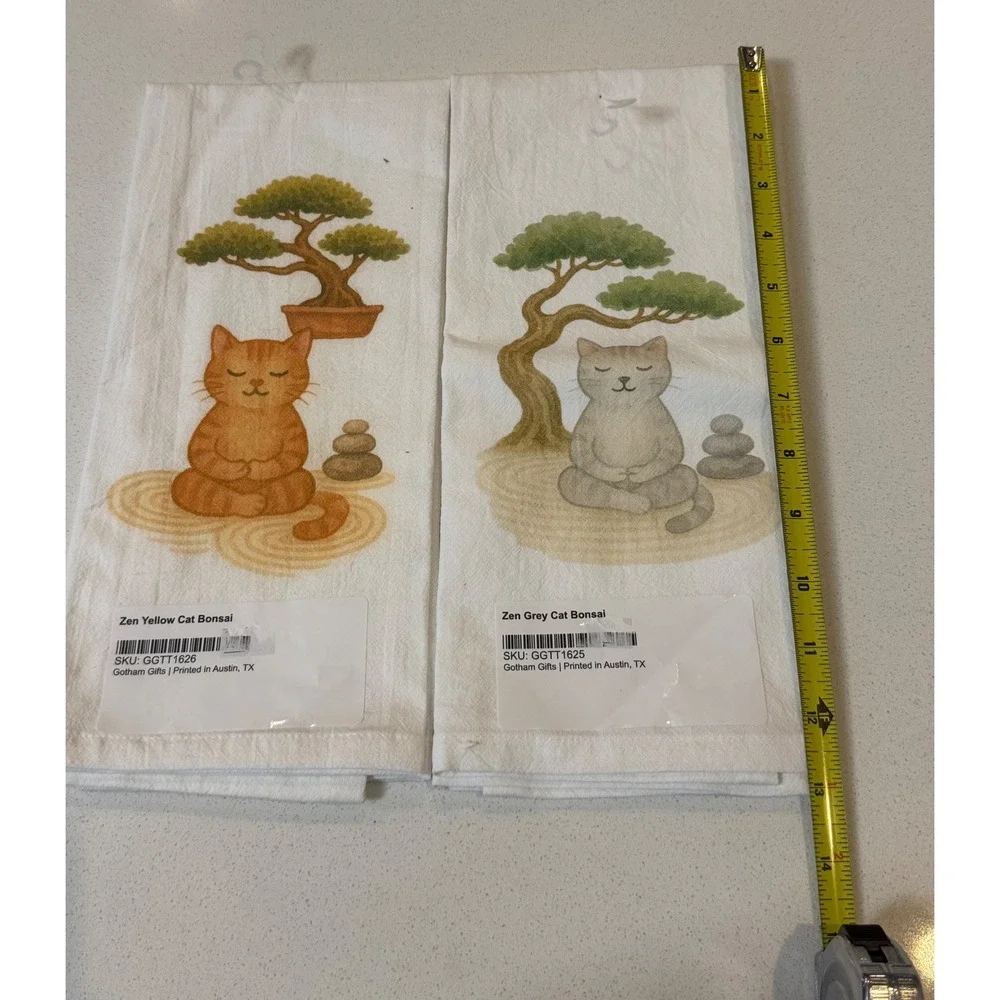 Gotham Gifts Zen Cat Bonsai Tea Towel Set of 2 Yellow & Grey Meditating Cats NEW